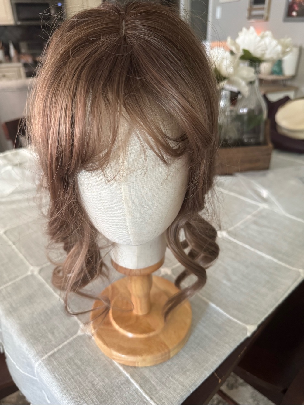 Soft Light Brown Curly Wig with Front Bangs - Unbranded